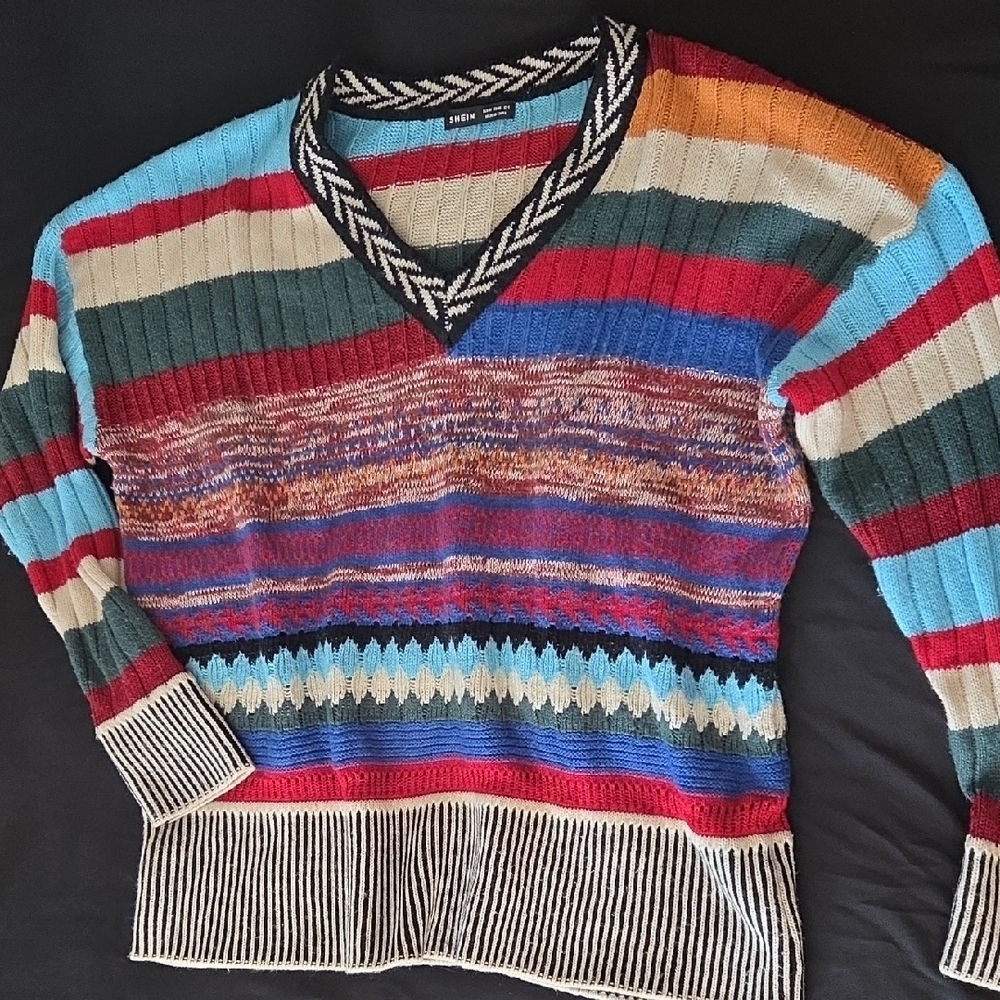 SHEIN Multicolor Oversized V-Neck Sweater